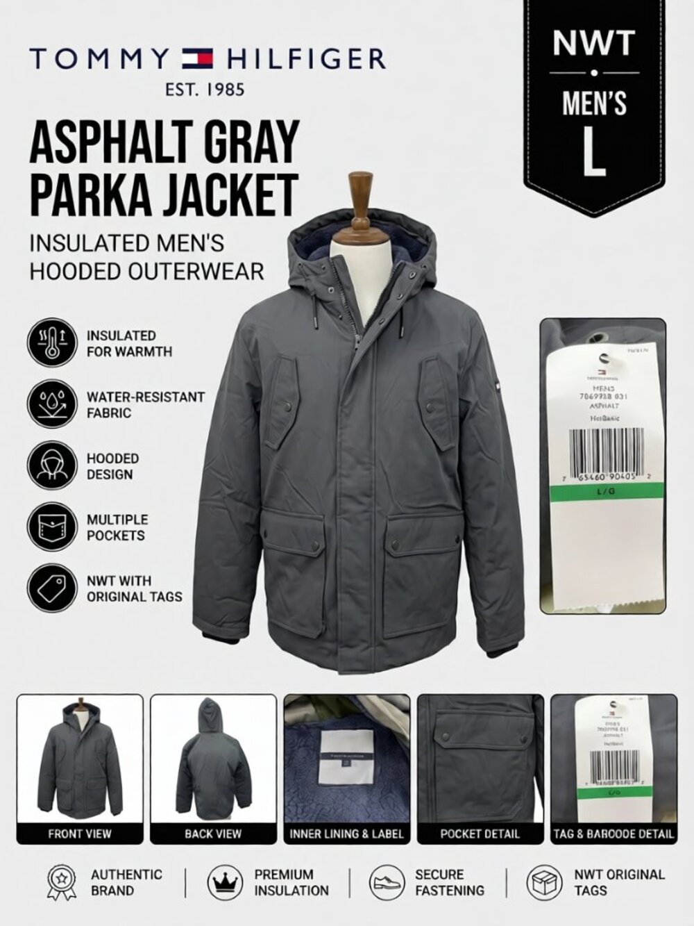 NWT Tommy Hilfiger Hooded Parka Jacket Asphalt Gray Men's Size Large